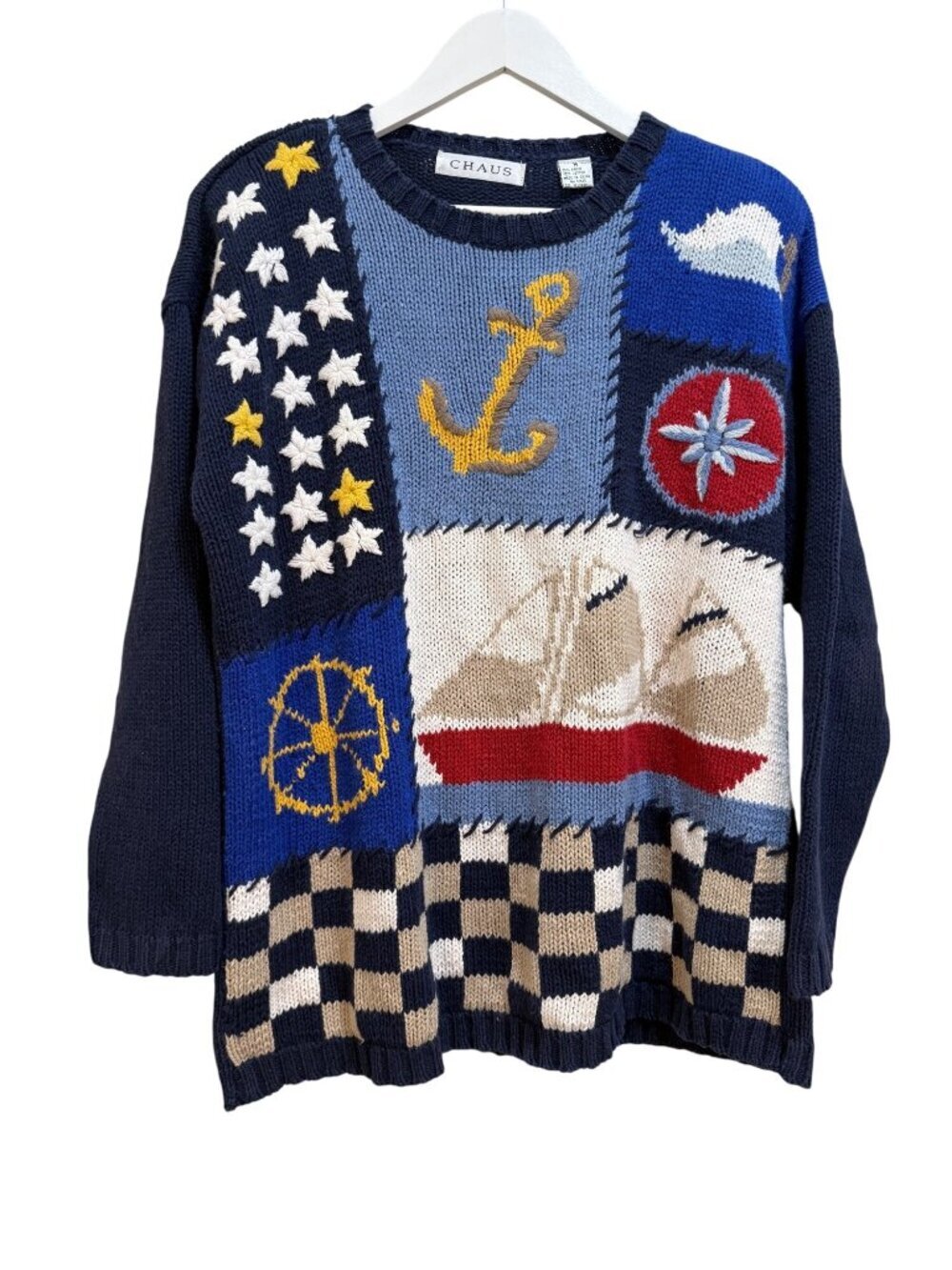 1980s Nautical Maritime Sailing Vintage Sailboat Whimsical Lagenlook Sweater